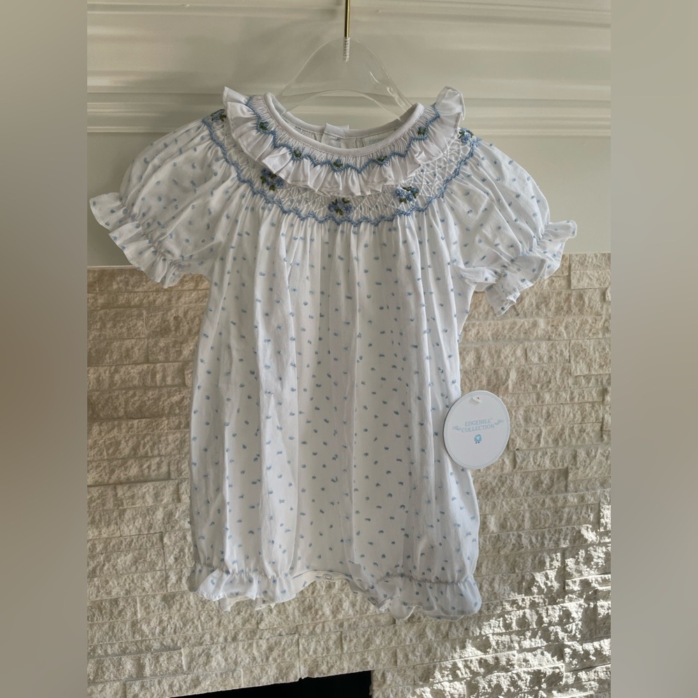 Edgehill Collection Baby Girl Smocked Blue Swiss Dot Bubble Romper Size 3M